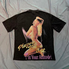 Triple Sevens Vintage Washed Figure Graphic T‑Shirt Gold Letter Print Loose Tee