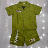 Triple Sevens Olive Embroidered Short Sleeve Shirt Shorts Two‑Piece Set