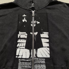 Enfants Riches Déprimés Nun Graphic Patchwork Zipper Heavy Wash Worn Unisex Hooded Cardigan Hoodie