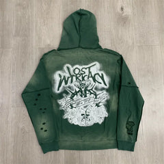 LOSTSHDWS Hot‑Fix Diamond Letter Print Washed Distressed Loose Unisex Zip‑Up Hooded Cardigan Jacket