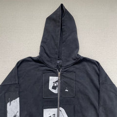 Enfants Riches Déprimés Madonna Patch Washed Vintage Zip‑Up Hooded Cardigan Unisex Jacket