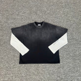 Mertra Vintage Distressed Letter Embroidery Unisex Fake Two-Piece Long Sleeve Tee