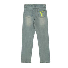 VLONE Big V Distressed Slogan Print Blue Green Gradient Wash Straight Leg Unisex Jeans