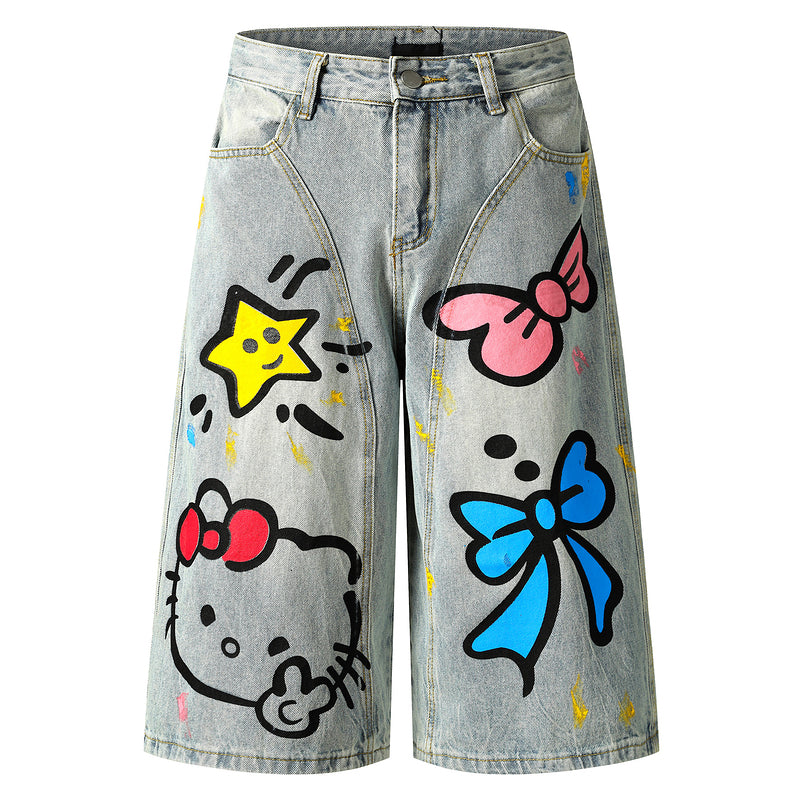 HK Graffiti Denim Shorts - Unisex Wide Leg Capris for Summer (S-XL)