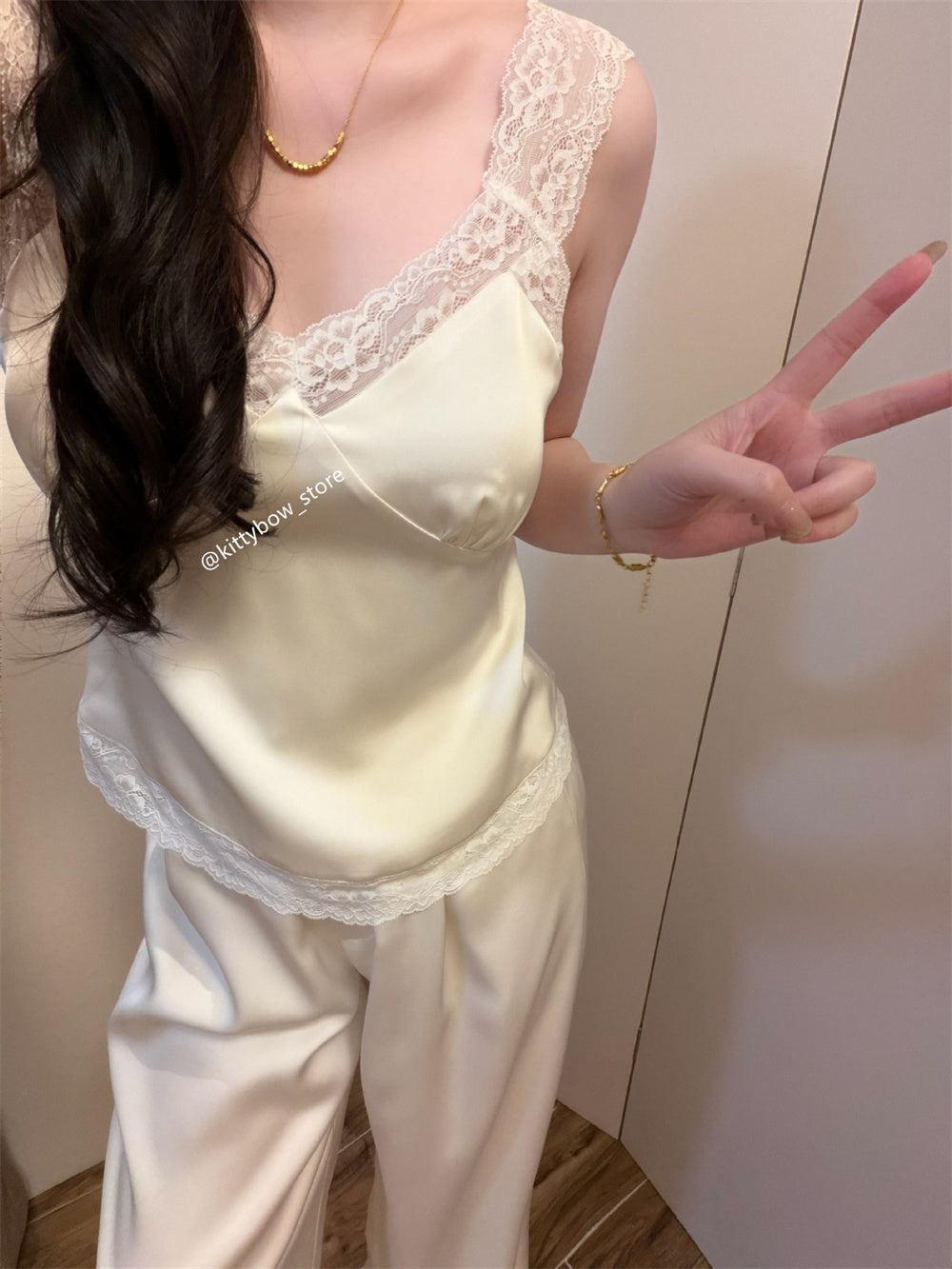 Champagne Lace Trim Satin Camisole Pajama Set for Women