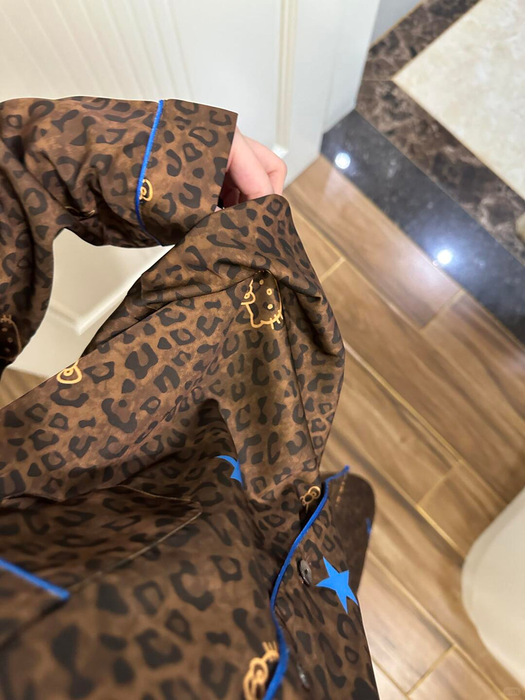 Blue Star Leopard HK Satin Pajama Set – Soft Silky Sleepwear for Women, Loungewear with Kawaii Kitty Design