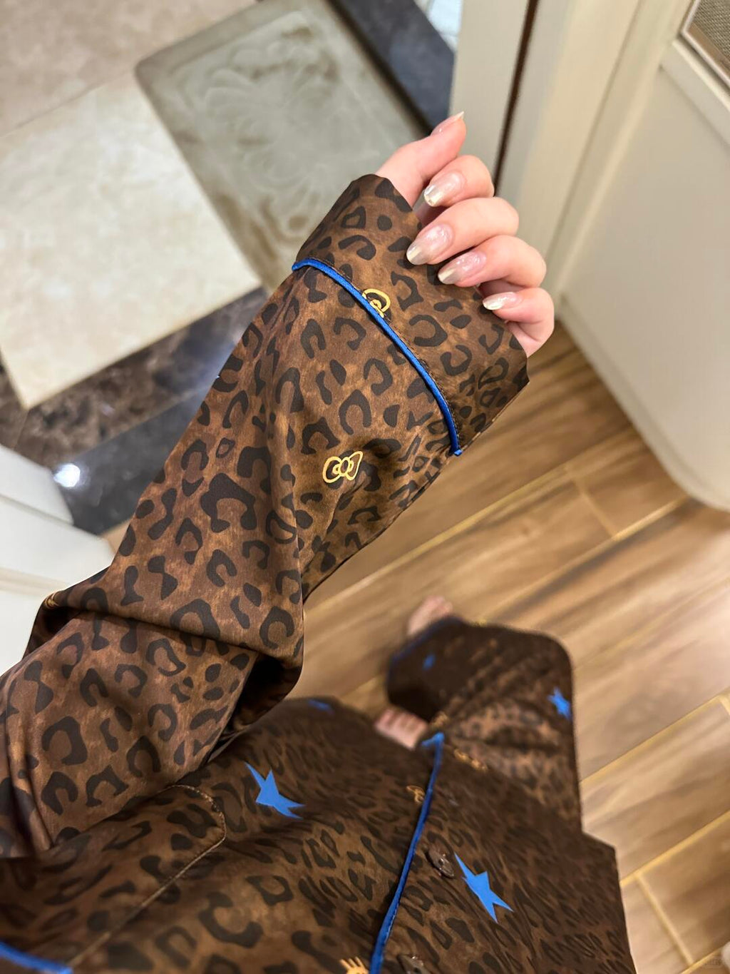 Blue Star Leopard HK Satin Pajama Set – Soft Silky Sleepwear for Women, Loungewear with Kawaii Kitty Design