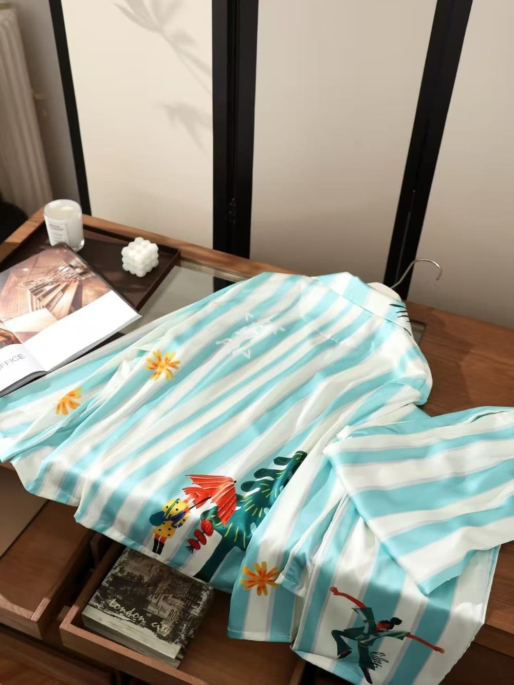 Mint green stripe satin Cartoon Print Pajama Set