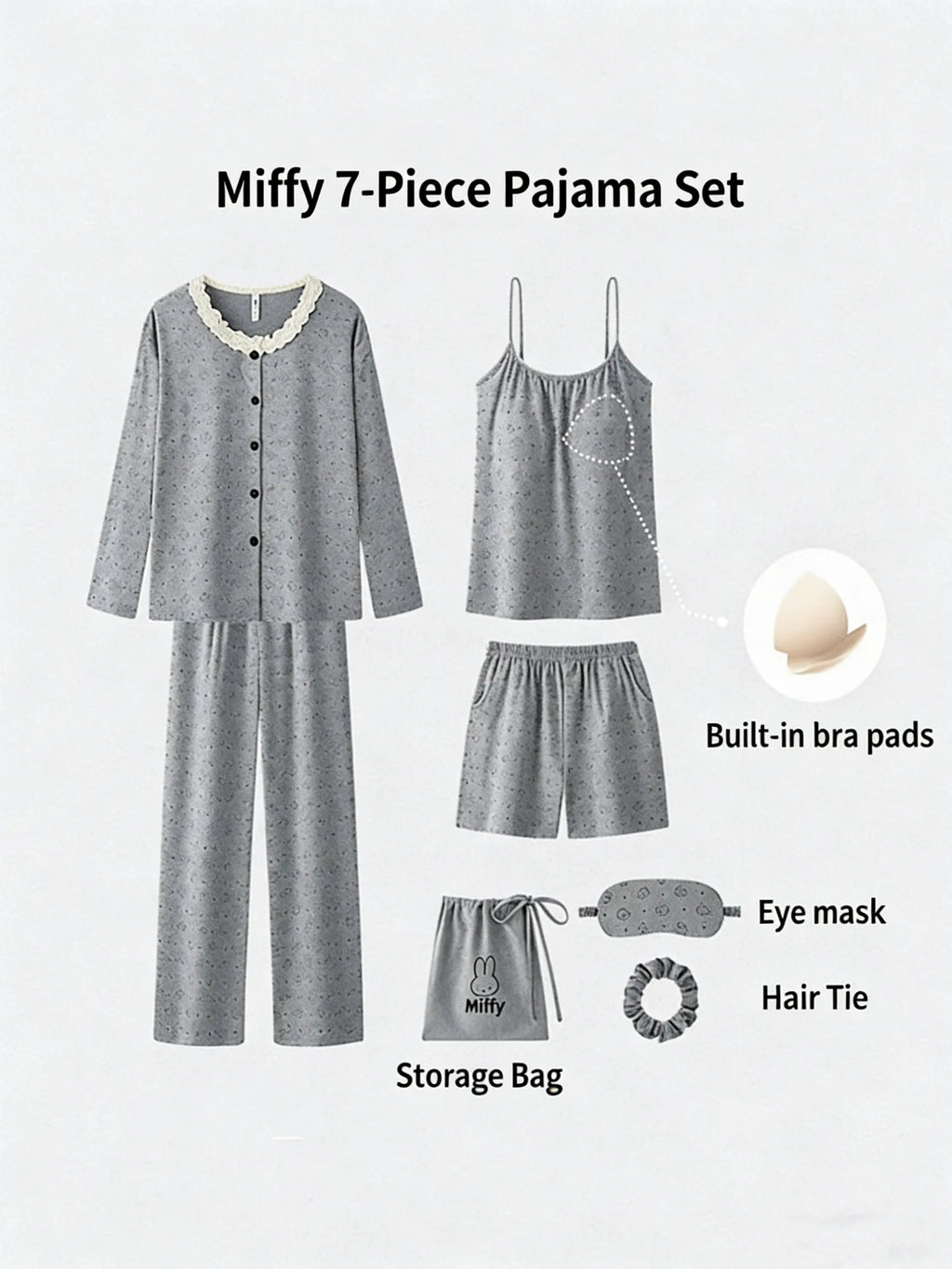 "Miffy Bunny" 7-Piece Grey Cotton Rich Pajama Set with Lace Trim