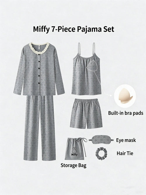 "Miffy Bunny" 7-Piece Grey Cotton Rich Pajama Set with Lace Trim