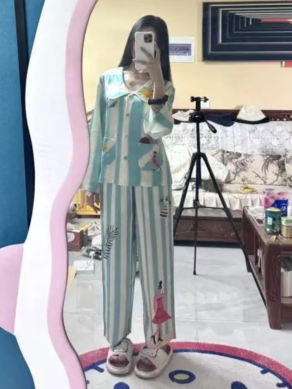 Mint green stripe satin Cartoon Print Pajama Set