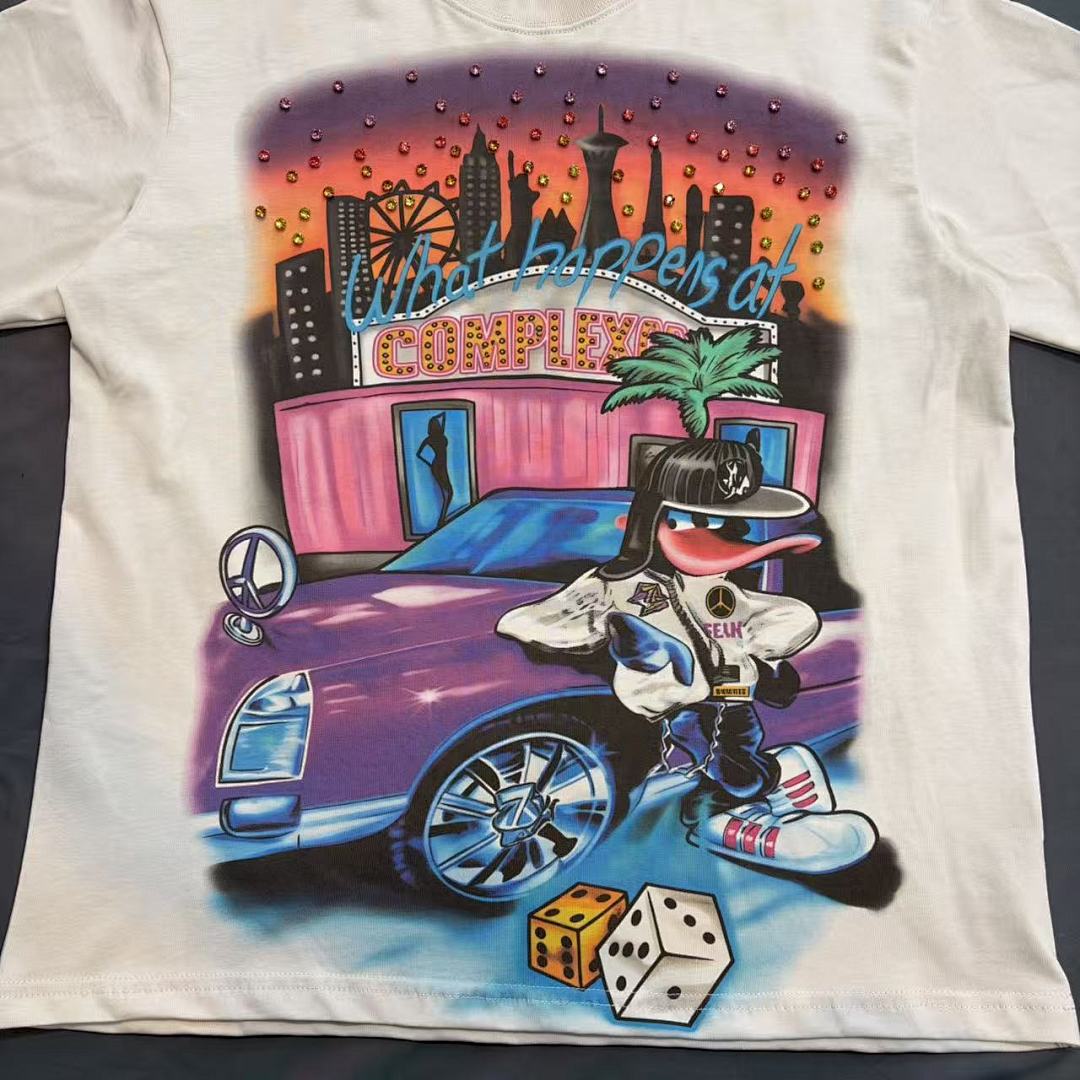 Triple Sevens Off‑White Rhinestone City Cartoon Scene Graphic Tee