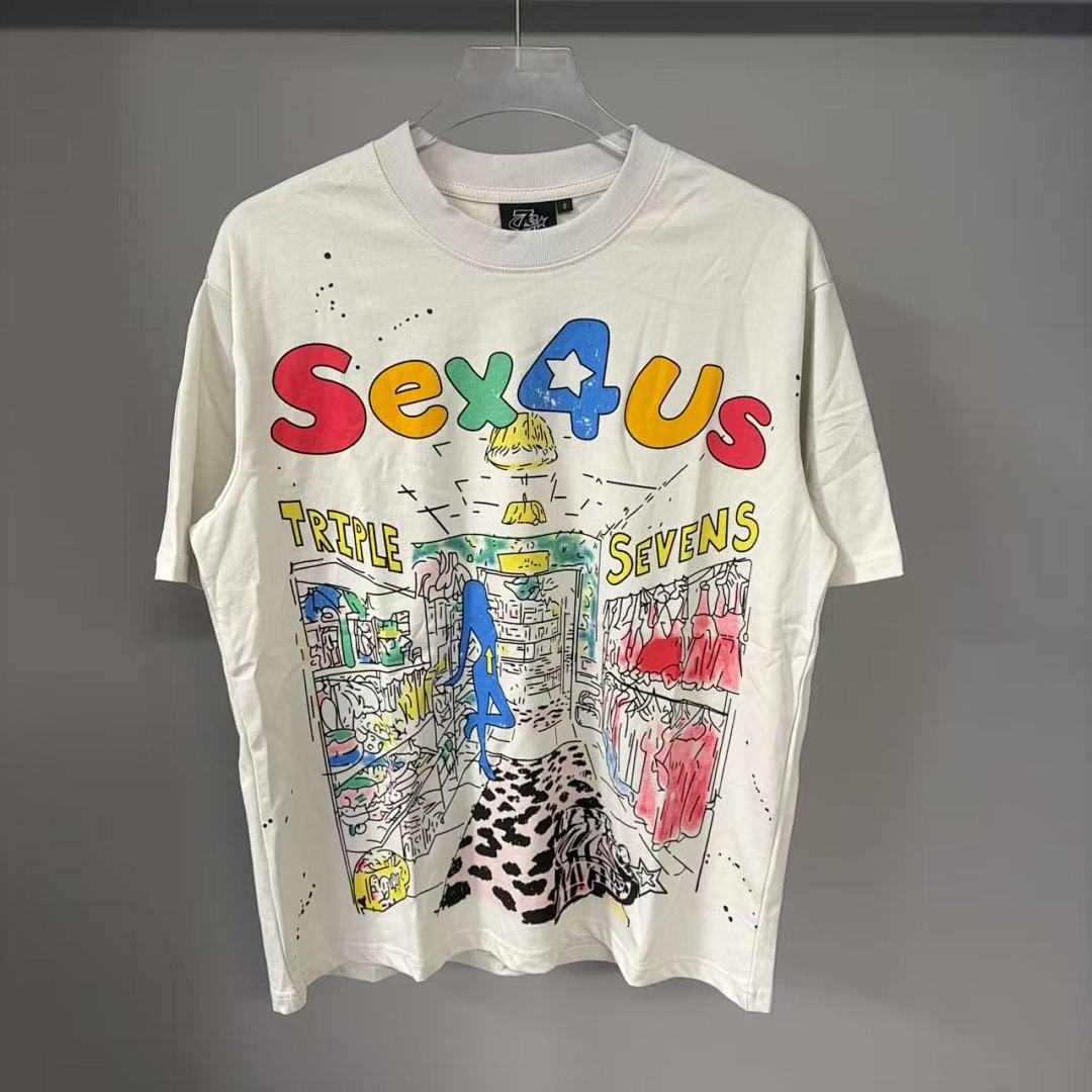Triple Sevens Off‑White Colorful Cartoon Store Scene Graphic Tee