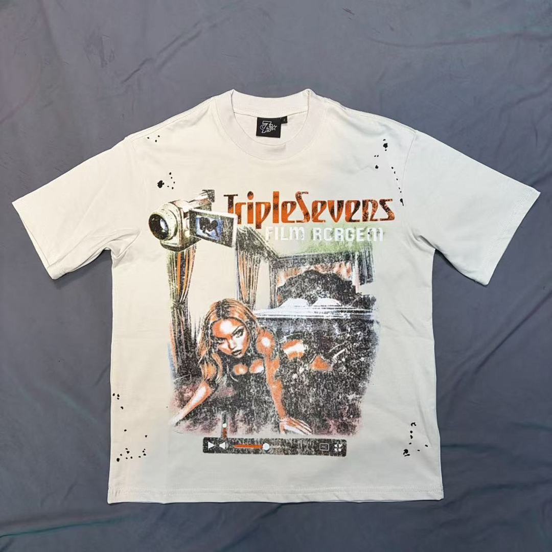 Triple Sevens Off‑White Film Camera Splash Print Graphic Tee