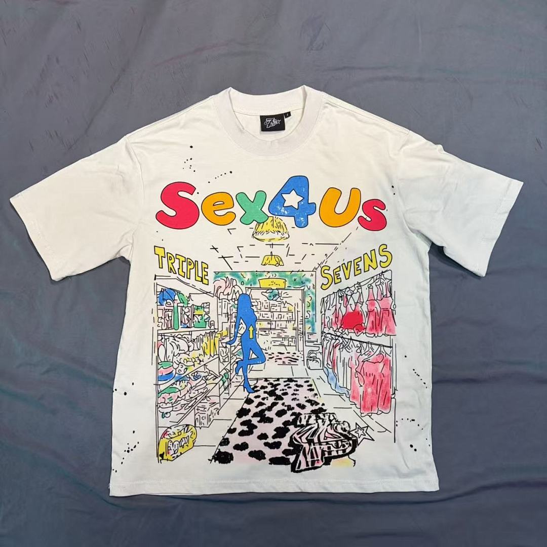 Triple Sevens Off‑White Colorful Cartoon Store Scene Graphic Tee