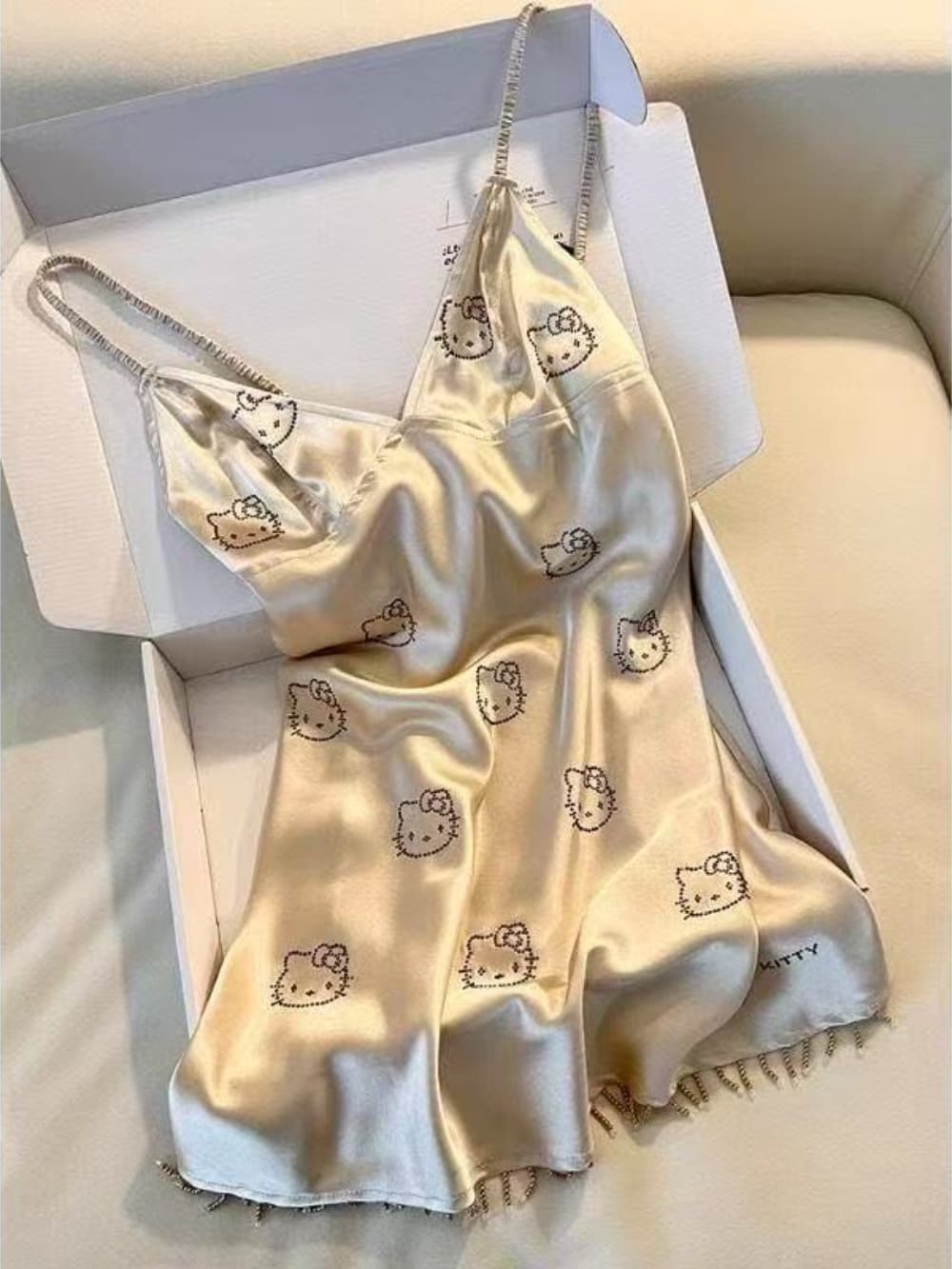 Hellokitty Champagne Satin Pajama Set for Women 2 Piece Silky Lingerie Sleepwear Camisole Pj Shorts Set Soft Nightwear