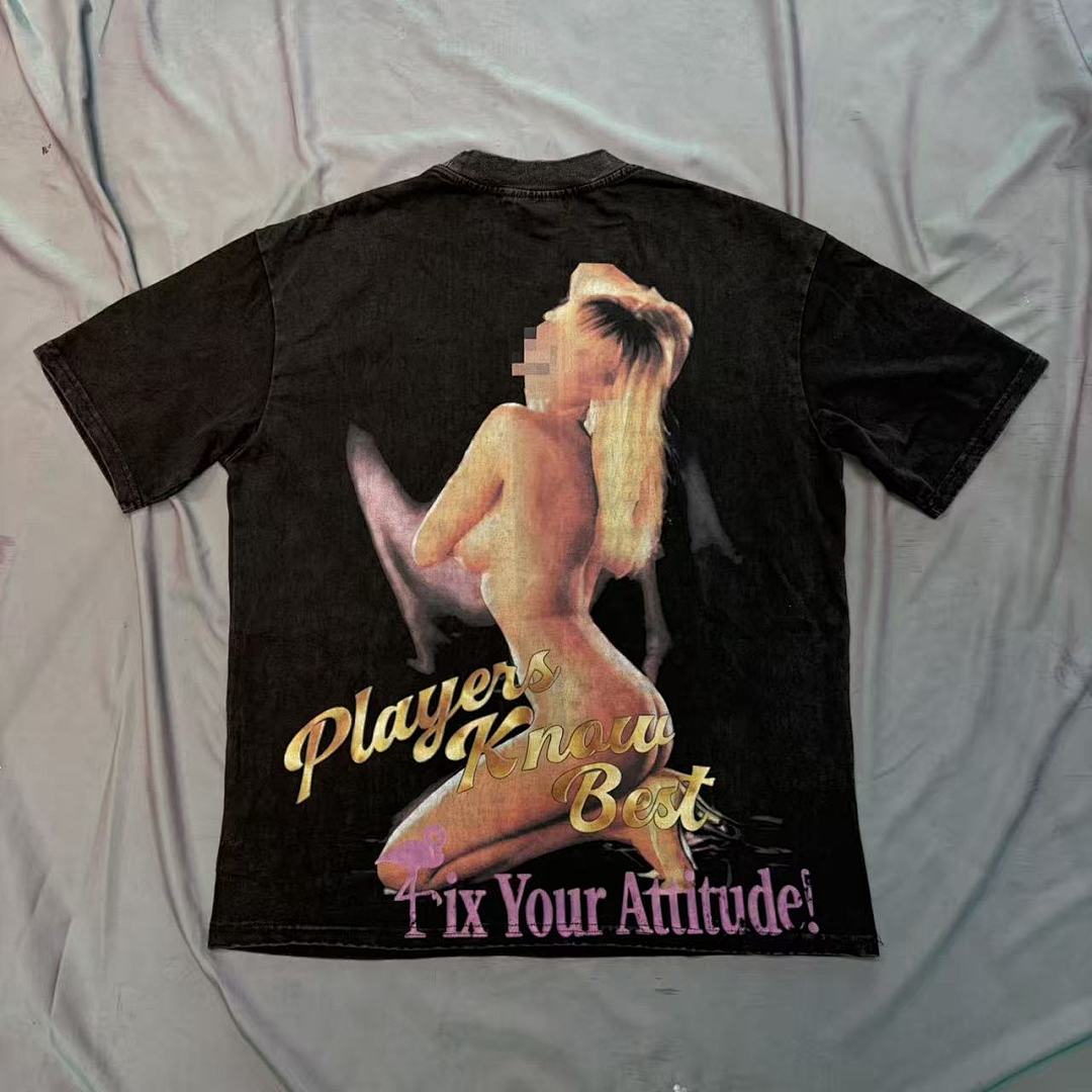 Triple Sevens Vintage Washed Figure Graphic T‑Shirt Gold Letter Print Loose Tee
