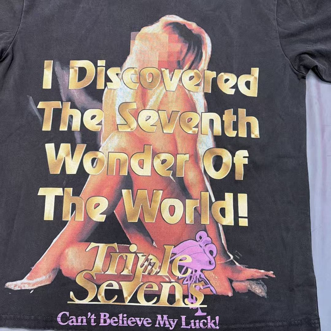 Triple Sevens Vintage Washed Figure Graphic T‑Shirt Gold Letter Print Loose Tee