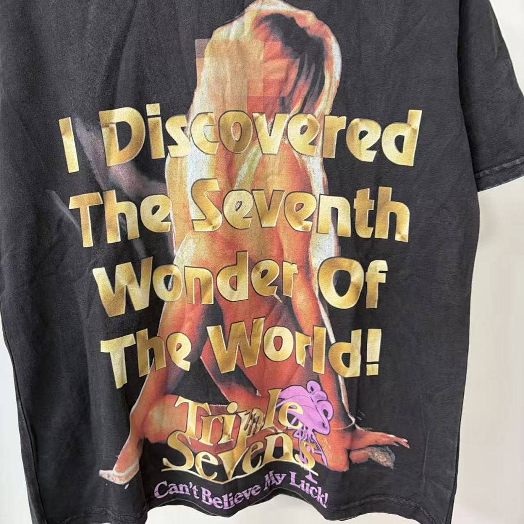 Triple Sevens Vintage Washed Figure Graphic T‑Shirt Gold Letter Print Loose Tee
