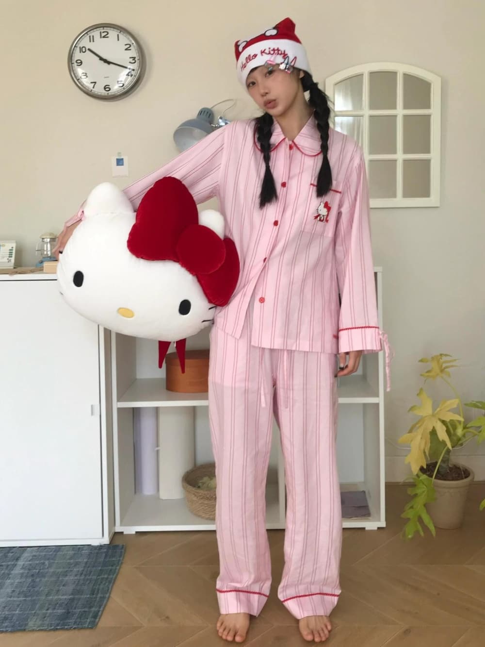 Hello Kitty Pink Striped Lyocell Cotton Pajama Set
