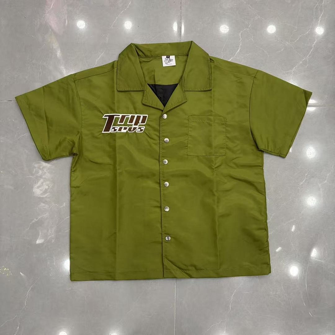 Triple Sevens Trap Logo Nylon Button Up Shirt, Boxy Cropped Fit