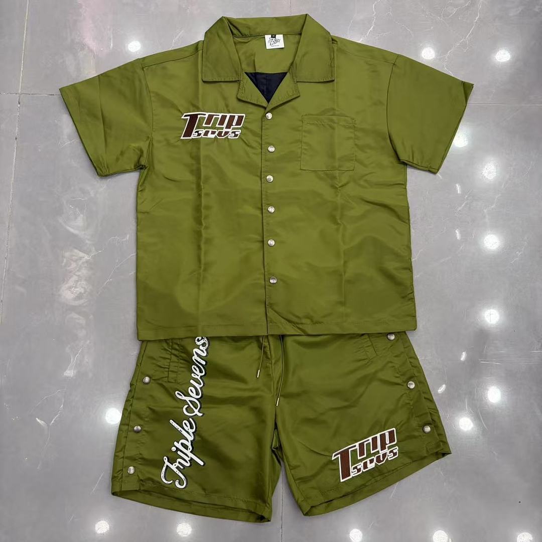 Triple Sevens Olive Embroidered Short Sleeve Shirt Shorts Two‑Piece Set