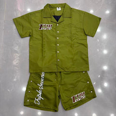 Triple Sevens Olive Embroidered Short Sleeve Shirt Shorts Two‑Piece Set