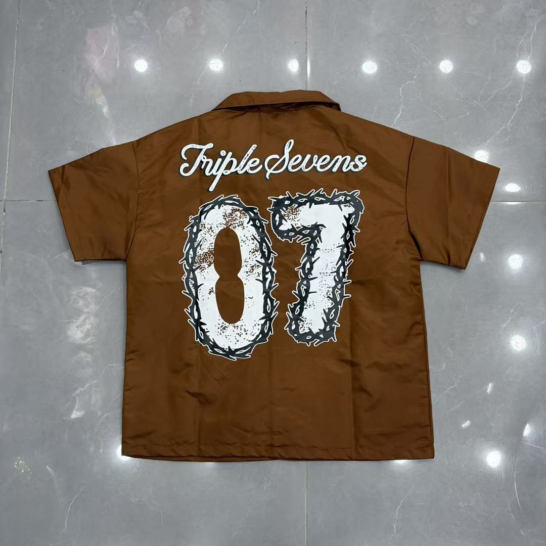 Triple Sevens Trap Logo Nylon Button Up Shirt, Boxy Cropped Fit