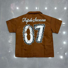 Triple Sevens Trap Logo Nylon Button Up Shirt, Boxy Cropped Fit