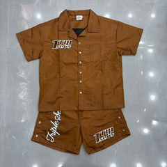 Triple Sevens Olive Embroidered Short Sleeve Shirt Shorts Two‑Piece Set