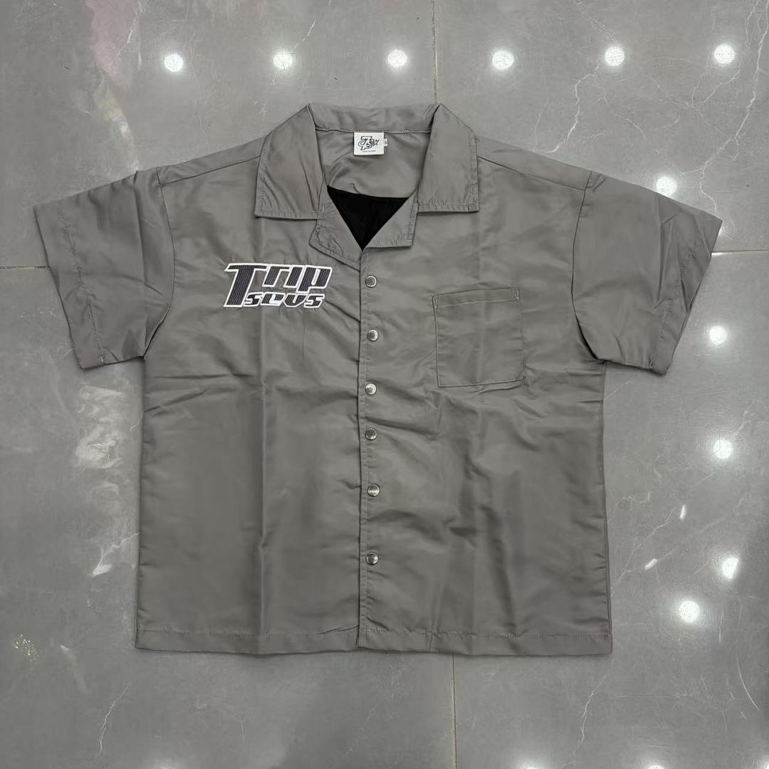 Triple Sevens Trap Logo Nylon Button Up Shirt, Boxy Cropped Fit