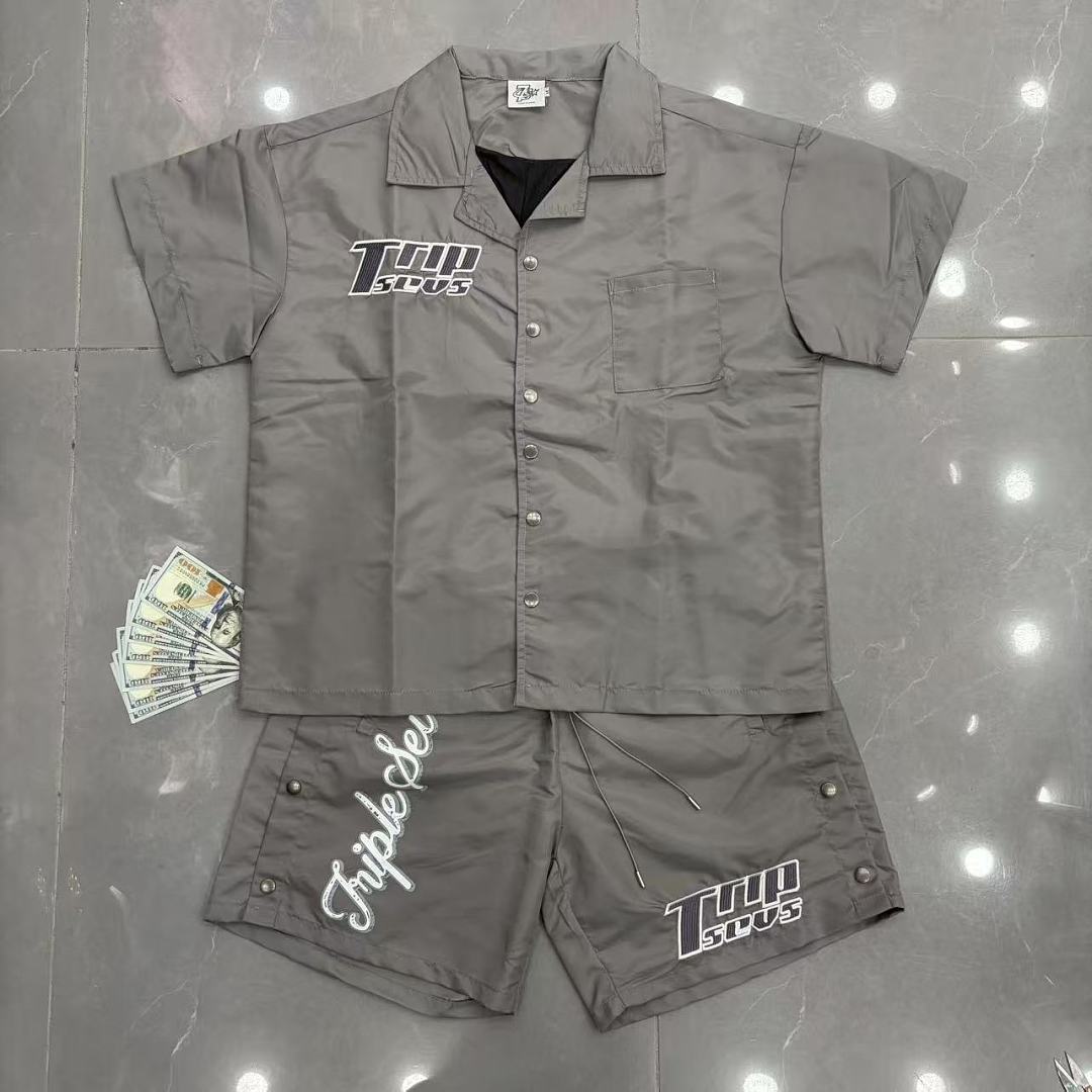 Triple Sevens Olive Embroidered Short Sleeve Shirt Shorts Two‑Piece Set
