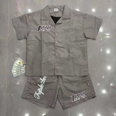 Triple Sevens Olive Embroidered Short Sleeve Shirt Shorts Two‑Piece Set