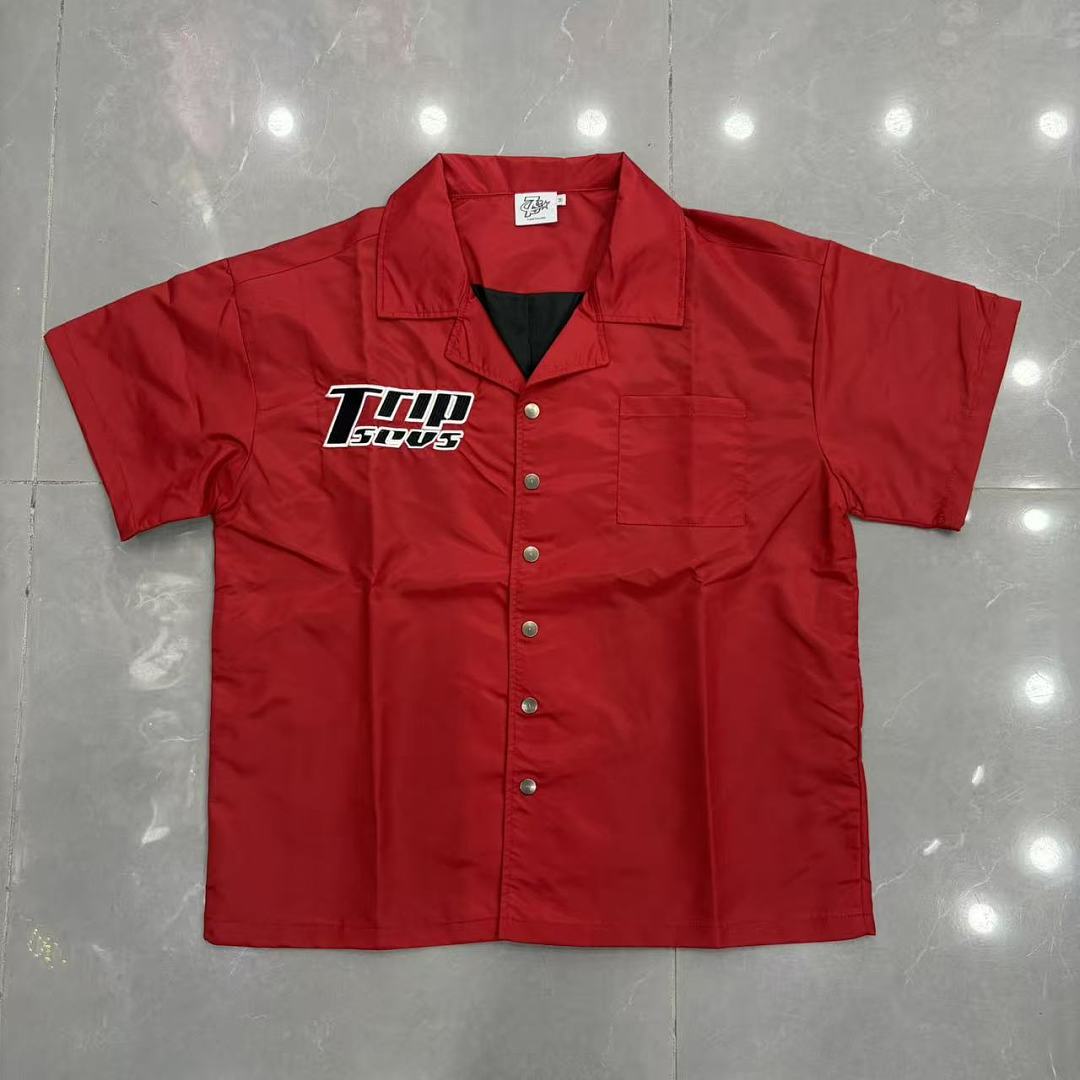Triple Sevens Trap Logo Nylon Button Up Shirt, Boxy Cropped Fit
