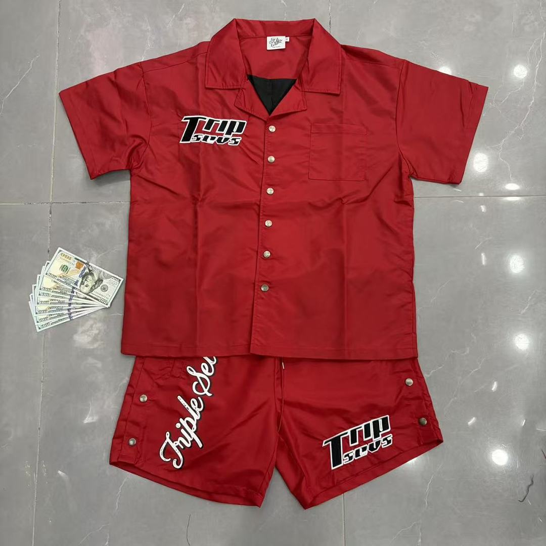 Triple Sevens Olive Embroidered Short Sleeve Shirt Shorts Two‑Piece Set