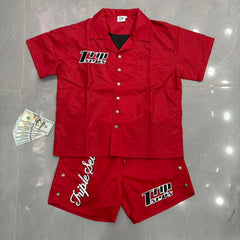 Triple Sevens Olive Embroidered Short Sleeve Shirt Shorts Two‑Piece Set