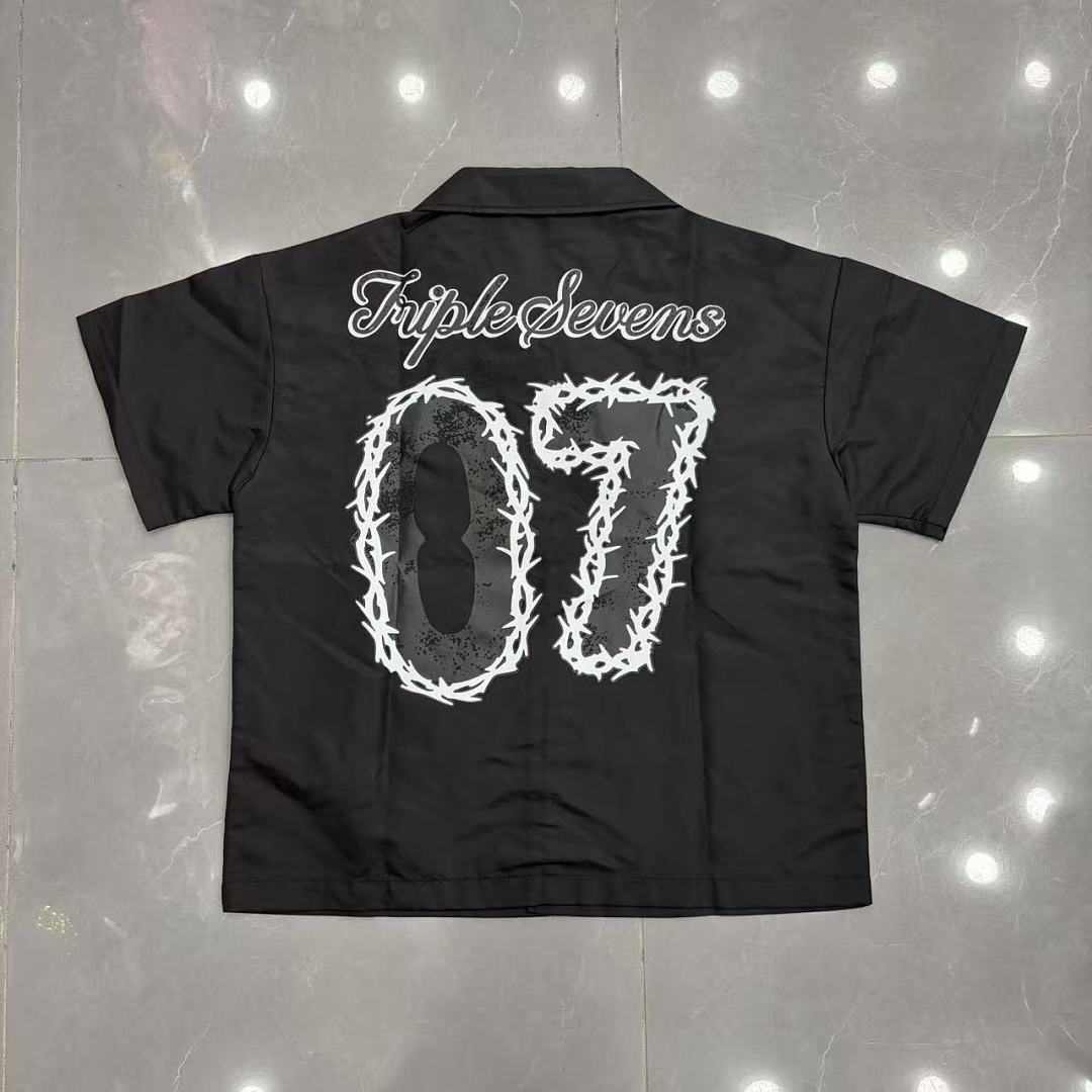 Triple Sevens Trap Logo Nylon Button Up Shirt, Boxy Cropped Fit