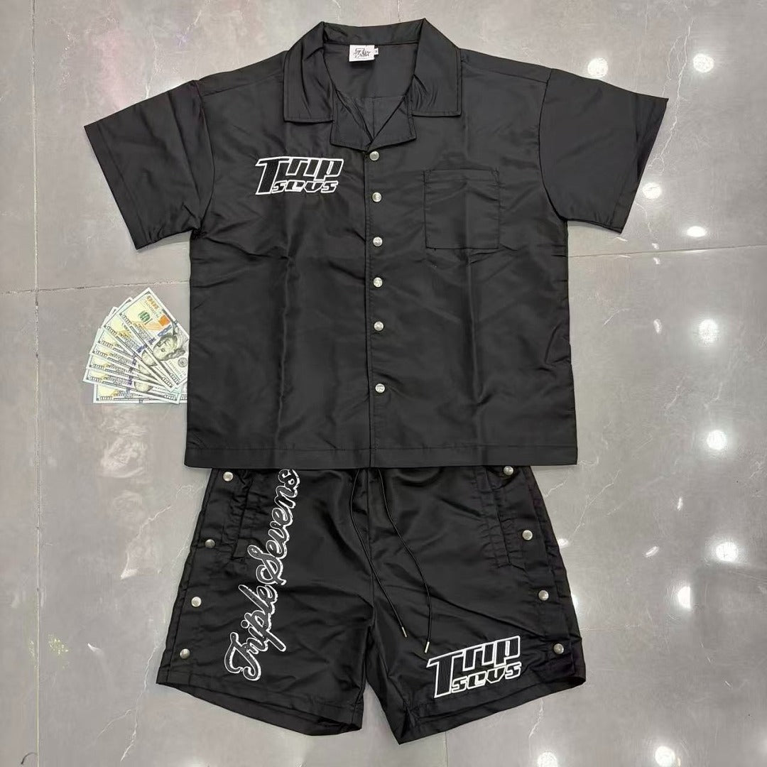 Triple Sevens Olive Embroidered Short Sleeve Shirt Shorts Two‑Piece Set