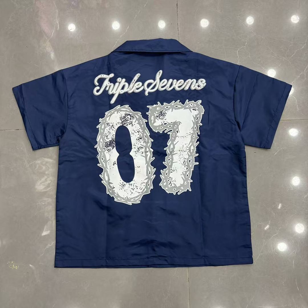 Triple Sevens Trap Logo Nylon Button Up Shirt, Boxy Cropped Fit