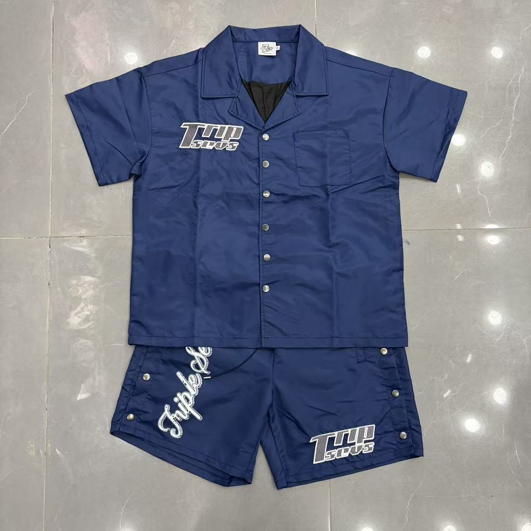 Triple Sevens Olive Embroidered Short Sleeve Shirt Shorts Two‑Piece Set