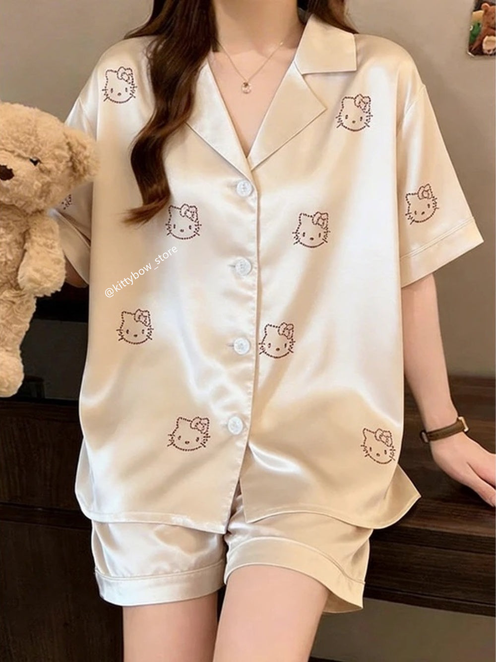 Champagne Satin Hello Kitty Rhinestone Pajama Set, Short Sleeve Loungewear for Women
