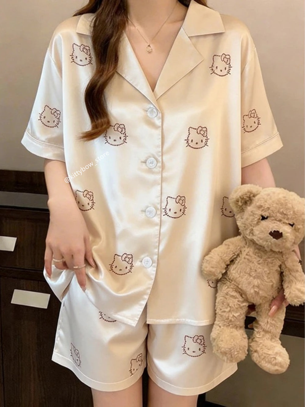 Champagne Satin Hello Kitty Rhinestone Pajama Set, Short Sleeve Loungewear for Women