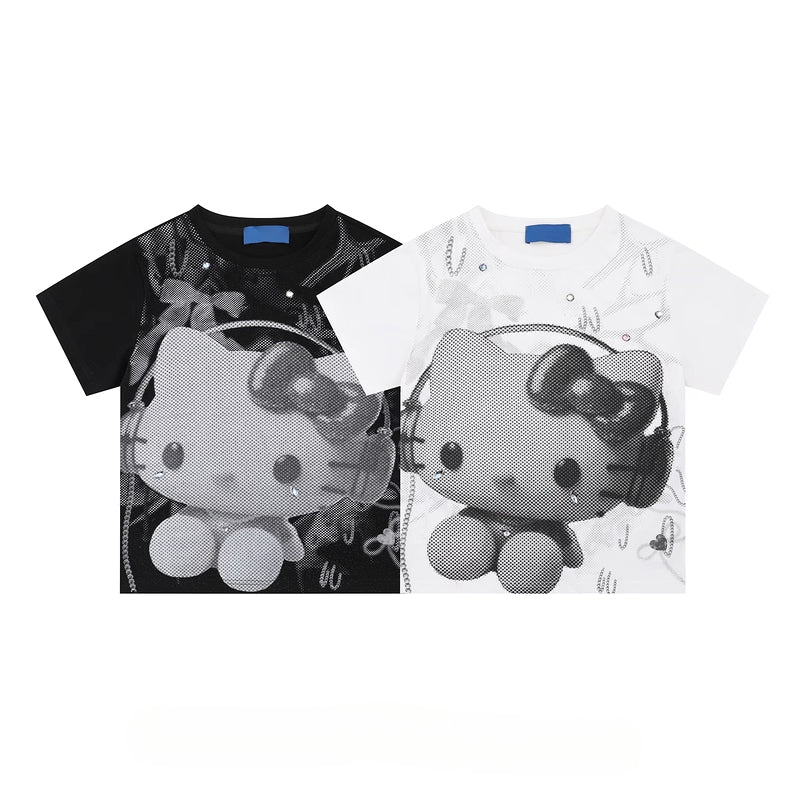 HK Y2K Black Vintage Tee - Oversized Retro Graphic T-Shirt for Women