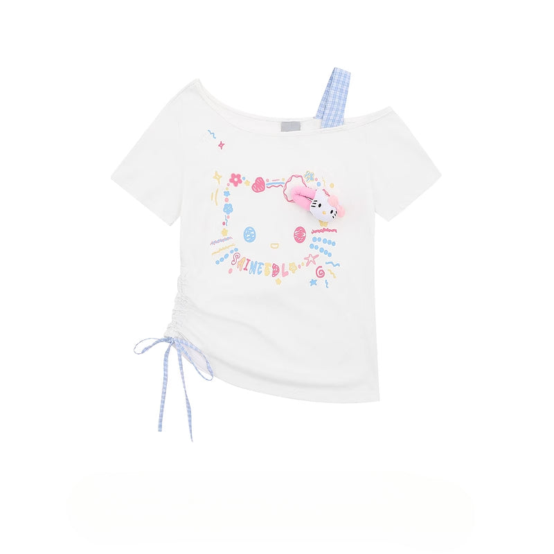 HK Retro Off-Shoulder Tee - Oversized Drawstring Top for Women