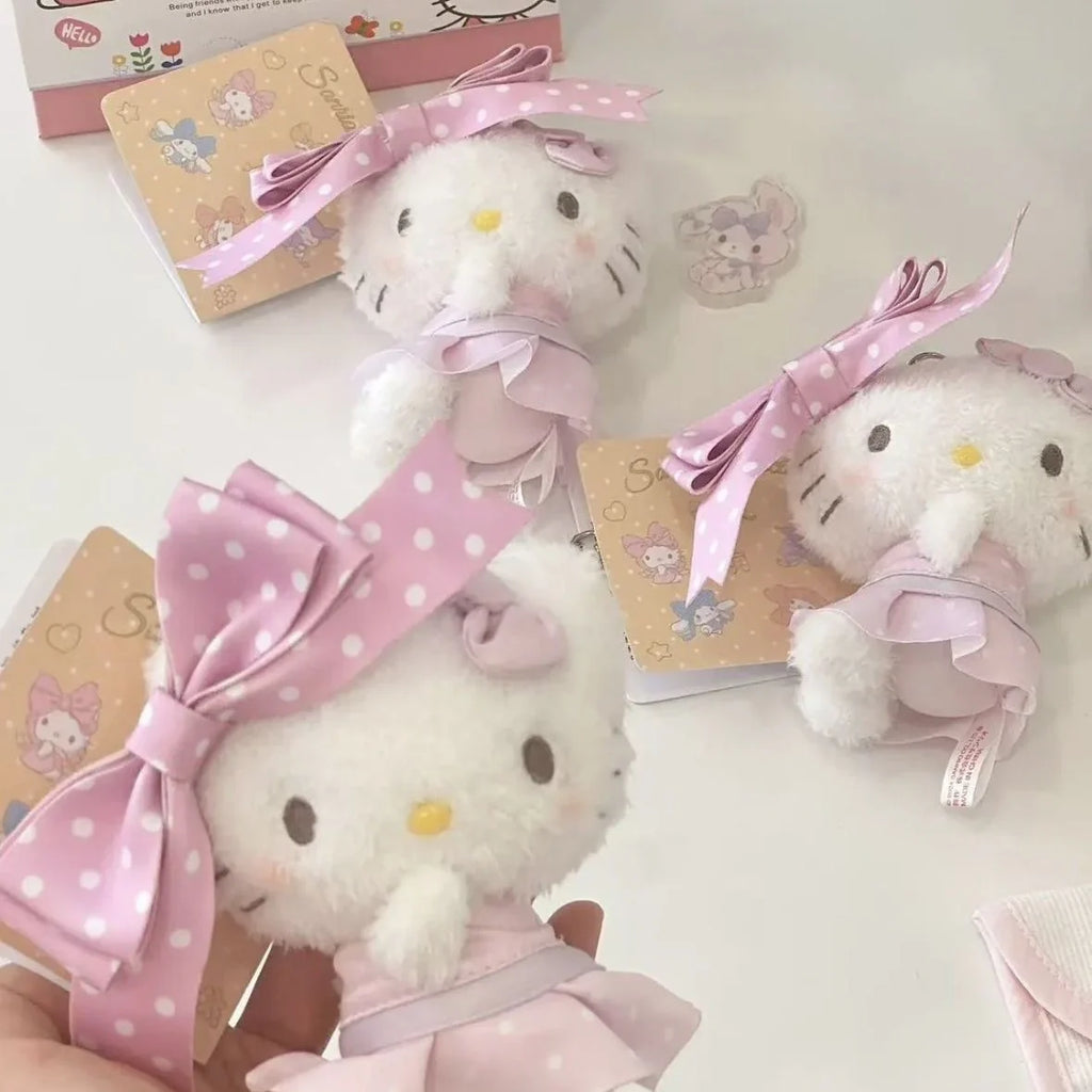 Hello Kitty Plush Bag Charm, Soft Stuffed Keychain with Pink Polka Dot Bow