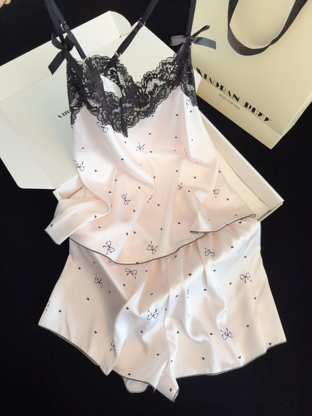 Black Lace Pink Satin Pajama Set for Women 2 Piece Silky Lingerie Sleepwear Camisole Pj Shorts Set Soft Nightwear