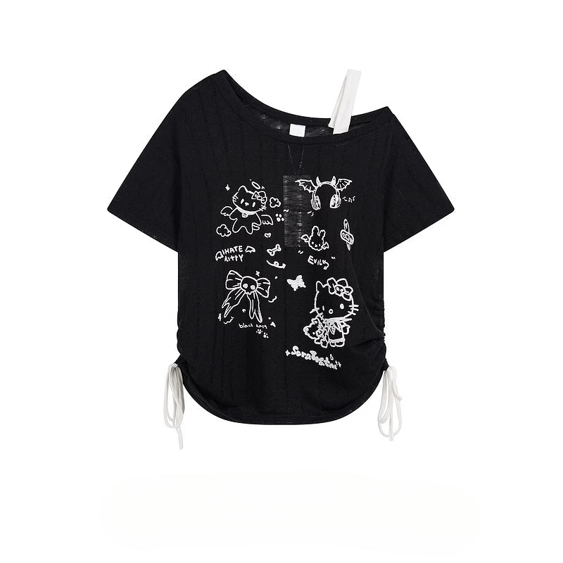 HK Off-Shoulder Crop Top - Drawstring Waist Summer Tee for Women