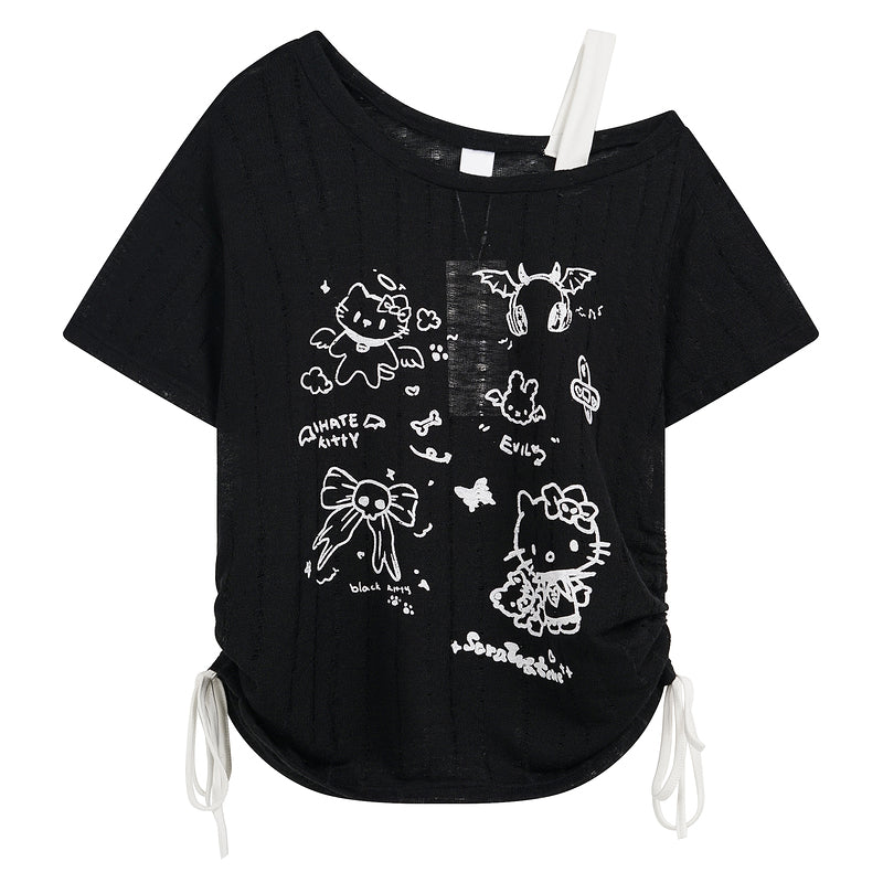 HK Off-Shoulder Crop Top - Drawstring Waist Summer Tee for Women