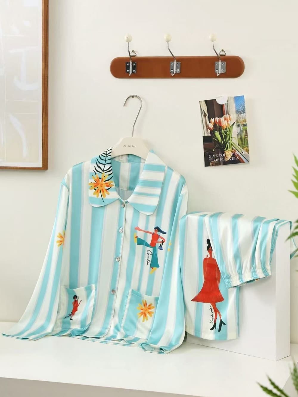 Mint green stripe satin Cartoon Print Pajama Set