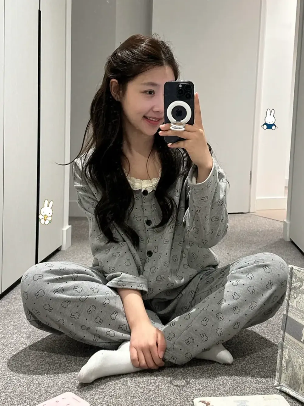"Miffy Bunny" 7-Piece Grey Cotton Rich Pajama Set with Lace Trim